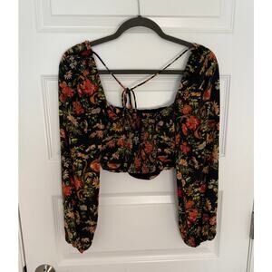 Urban Outfitters Black Floral Smocked Back Tie Long Sleeve Crop Top Women’s S
